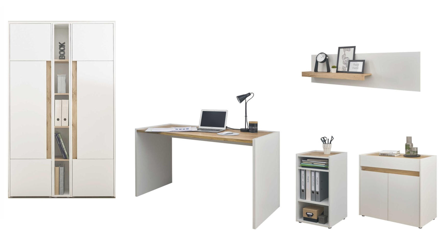 Furn.Design Schreibtischkombination Weiß, Eiche Wotan 263x200x140 cm