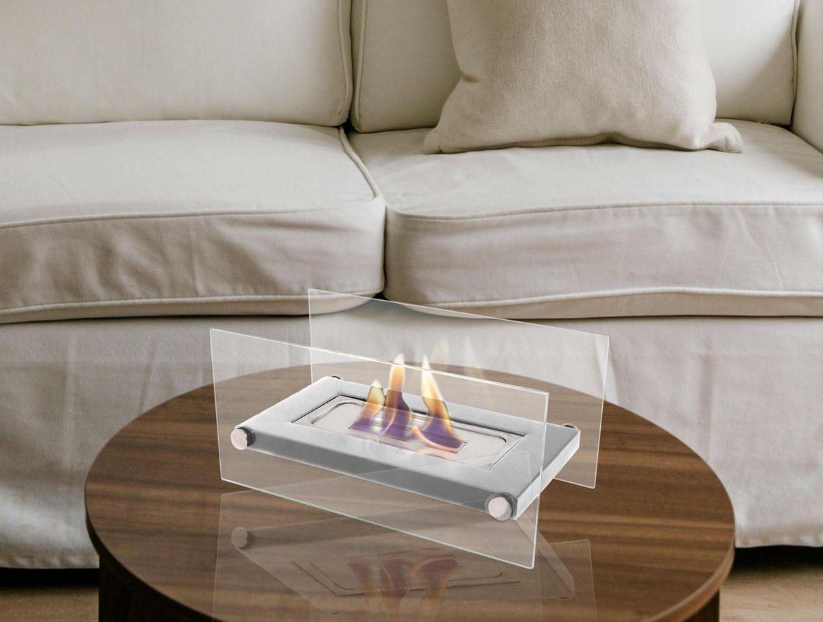 BIOETHANOL-KAMIN Grau Tischmodell inklusive 0.25 L Brennblock - Grau, Glas (34/16/16cm) - Purline