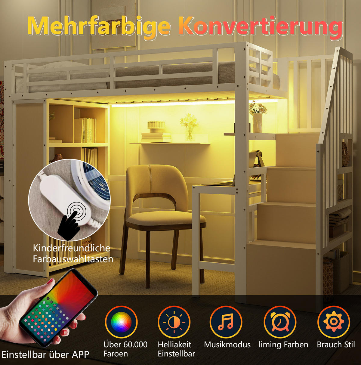 HOCHBETT 90/200 cm in Weiß – mit Schreibtisch, Stauraumstufen und LED - Weiß, Metall (90/200cm) - BEAOK