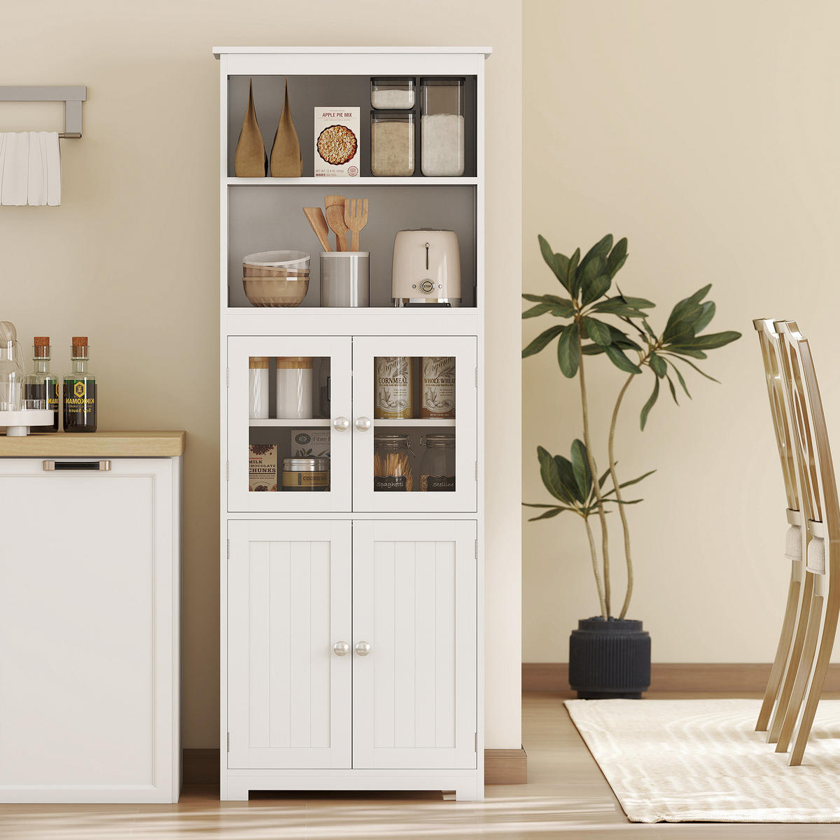 HIGHBOARD DE-11015 2 Nischen & 2 Glastüren mit verstellbaren Böden Weiß - Weiß, Holzwerkstoff (30/162/60cm) - ComfortXL