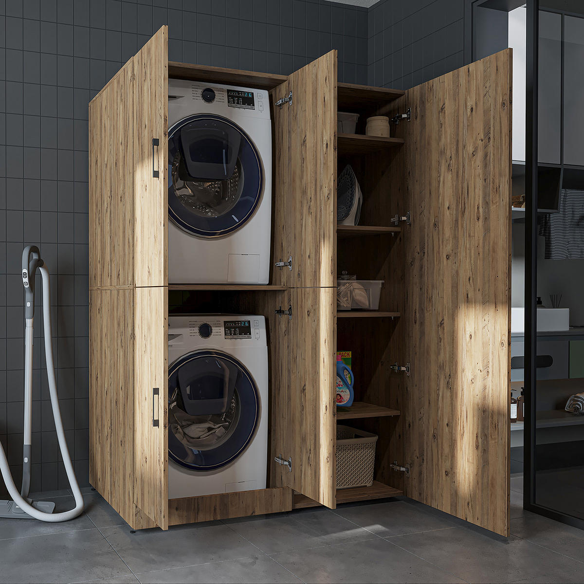 WASCHMASCHINENSCHRANK DORA-II 130cm Breit, 186cm Hoch - Eichefarben, Holzwerkstoff (130/186/73.8cm)