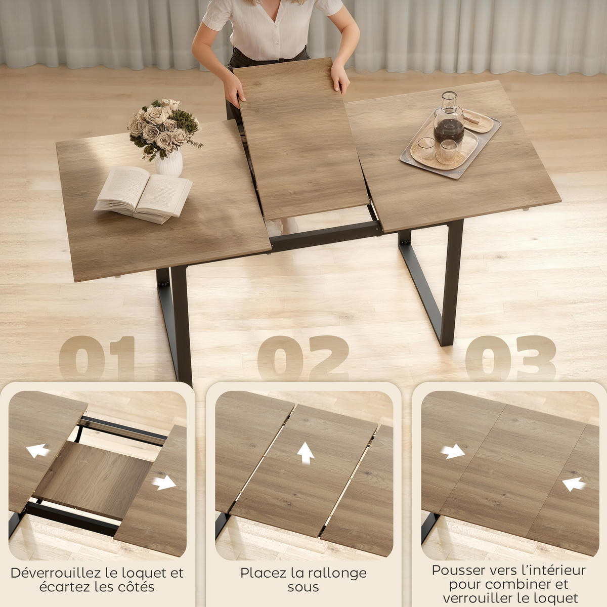ESSTISCH Naturfarben ausziehbar 140-180/80/75 cm - Naturfarben, Metall (180/80/75cm) - PANGIVO