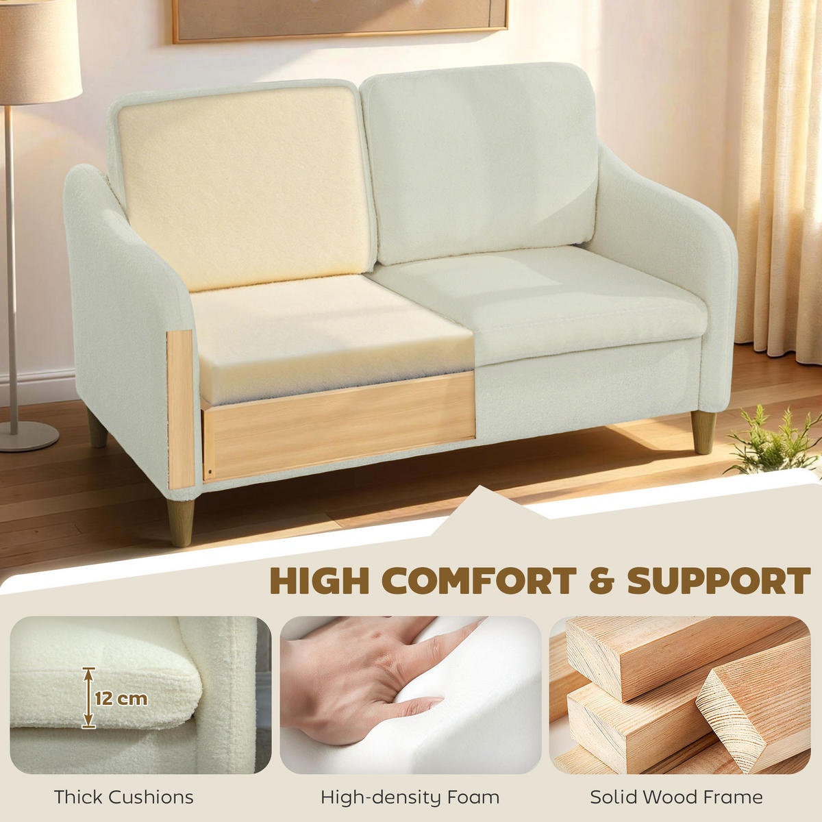 SOFA 2 Sitzer kleine 137 cm Couch mit Sherpa-Fleece-Optik Cremeweiß - Eukalyptusholzfarben/Creme, Holz/Textil (69/82/137cm) - HOMCOM