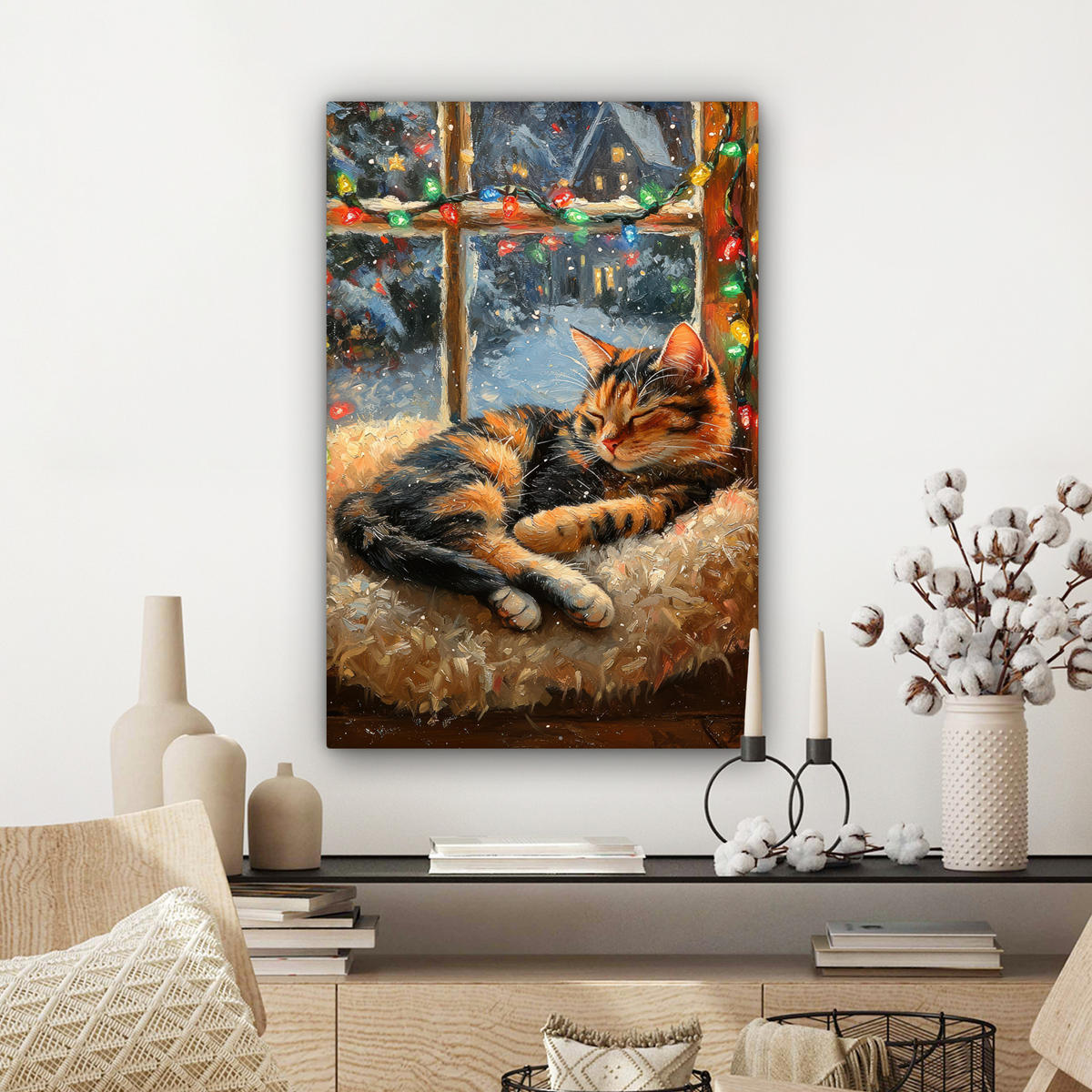 LEINWANDBILD Katze - Weihnachten - Winter - Tier Wanddeko 40x60 cm - Bernsteinfarben, Textil (40/60cm) - MuchoWow