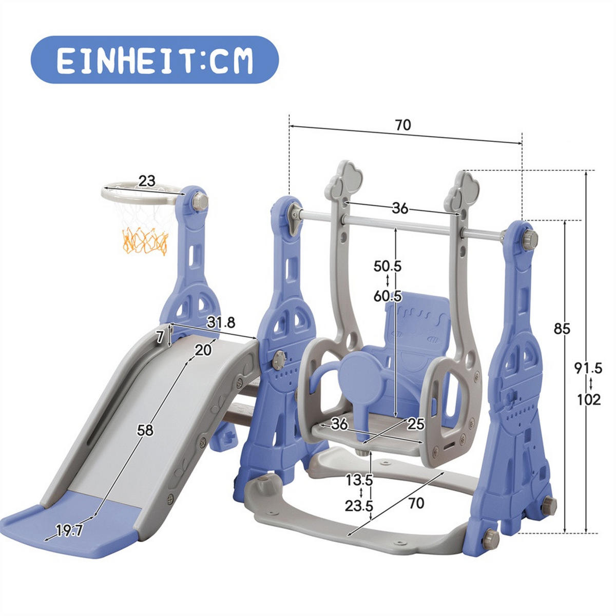KINDERRUTSCHE mit Klettergerüst, Schaukel, Basketballkorb und Leiter - Blau-Grau - 4-in-1 Multifunktions-Spielplatz - Blau, Kunststoff (118/85/140cm) - DELFA