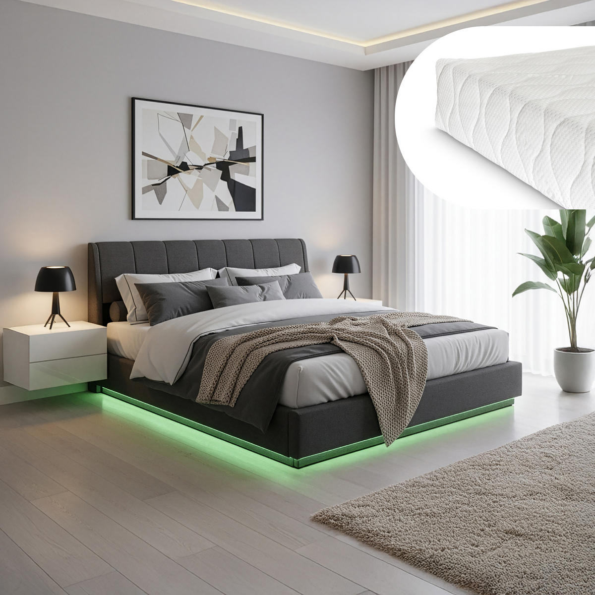 LED POLSTERBETT Tröstiar mit Matratze - Schwarz, Holzwerkstoff/Kunststoff (180/200cm) - [en.casa]