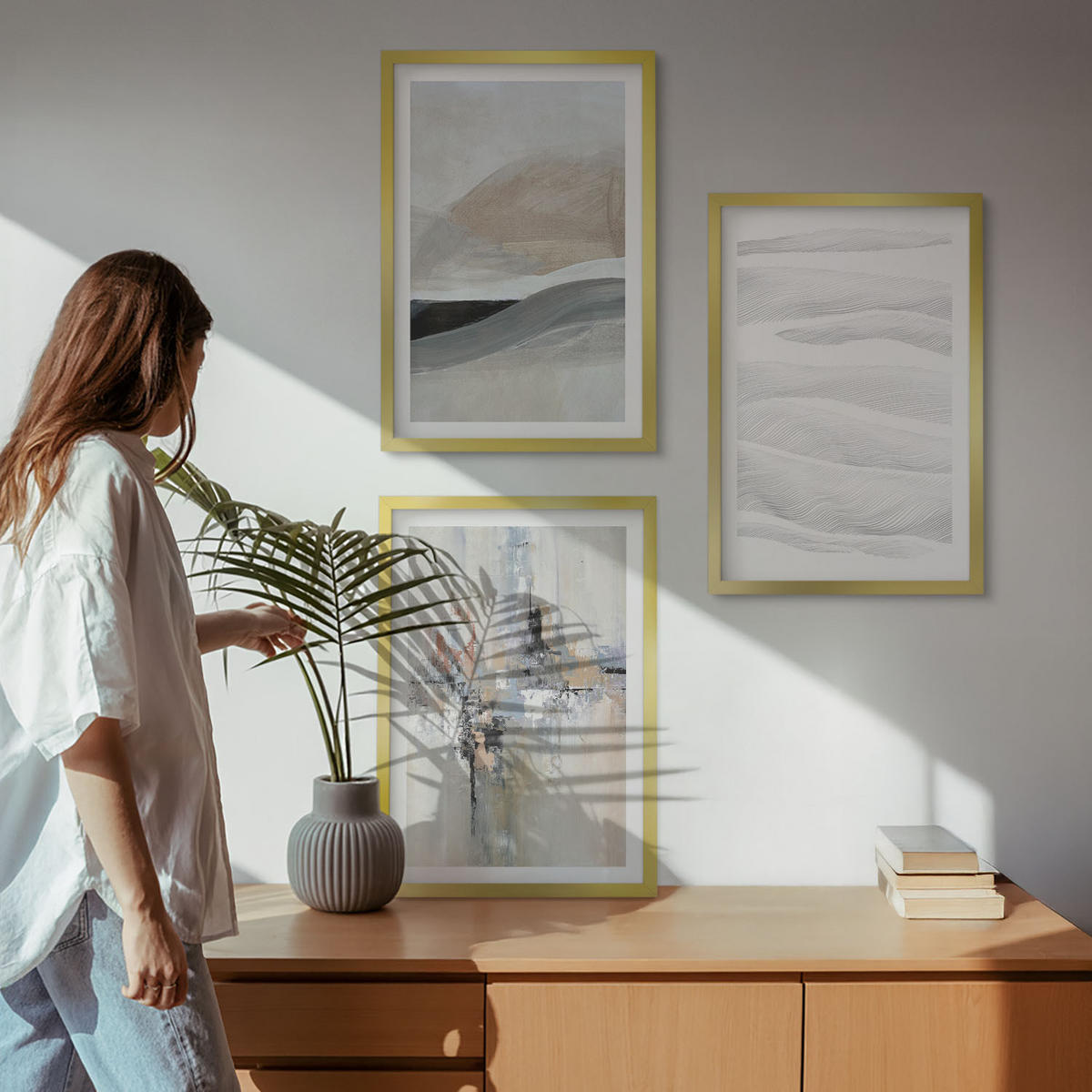 BILDER SET 3er Set - 40x60 cm Goldrahmen - Abstrakte Erdmuster - Goldfarben, Kunststoff (40/60cm) - TULUP