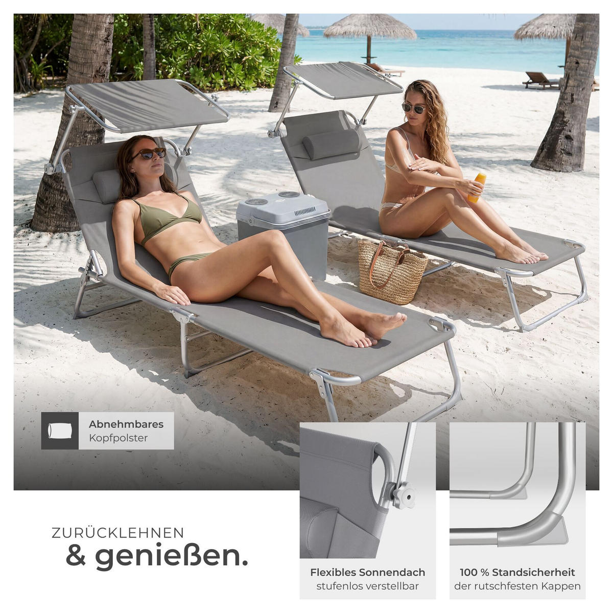 SONNENLIEGE 2er Set Chloé, 190 x 68 x 111 cm, mit Seitentasche, grau - Grau, Kunststoff (68/65/190cm) - tectake