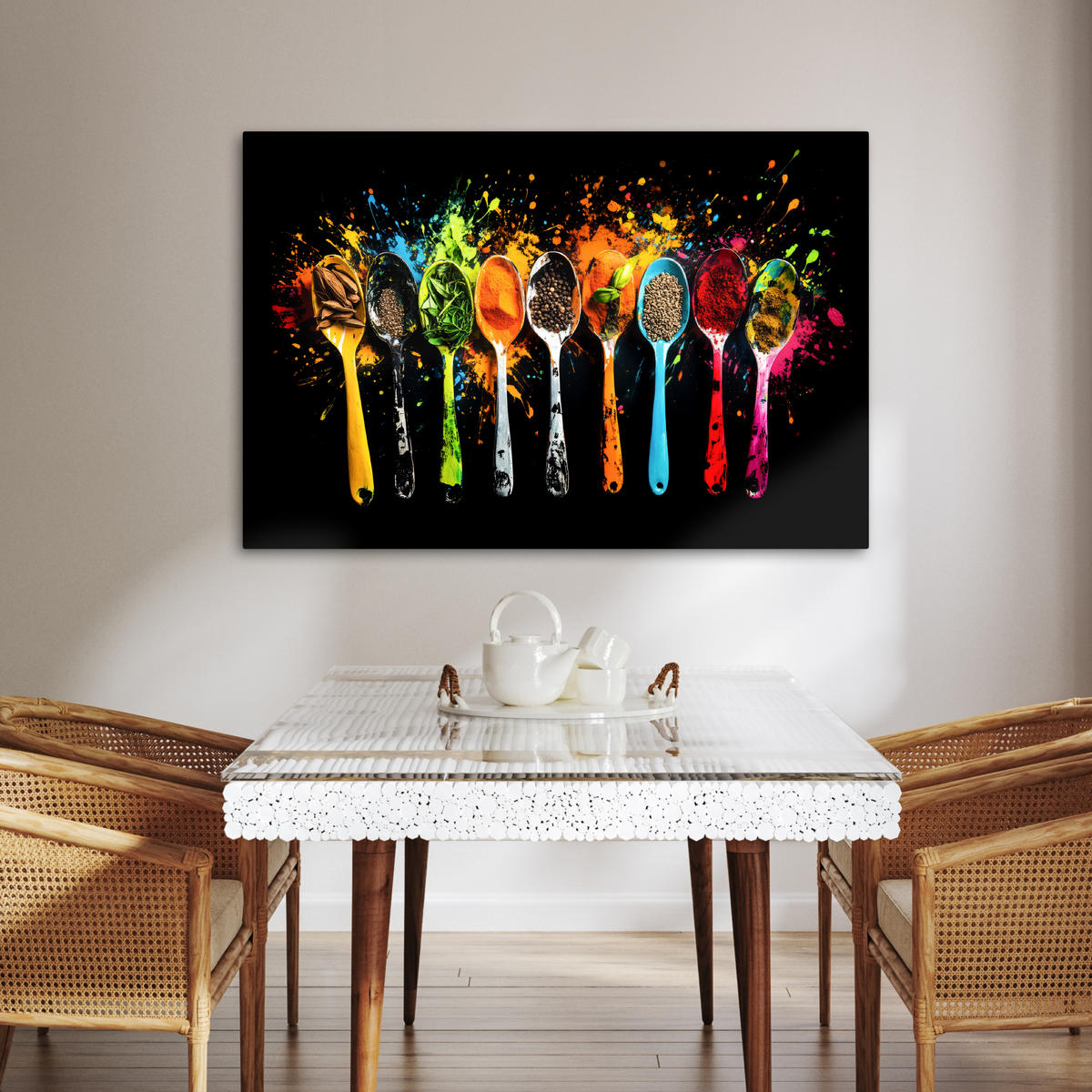 LEINWANDBILD Löffel - Gewürze - Modern - Graffiti - Farbe - Farbenfroh Wohnzimmer 120x80 cm - Multicolor, Textil (120/80cm) - MuchoWow
