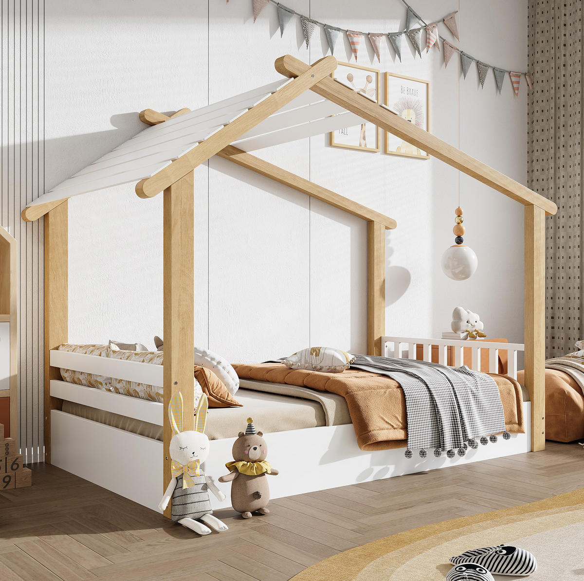 KINDERBETT 90/200 cm in Weiß/Natur aus Holzwerkstoff mit Hausdesign - Weiß, Holz (90/200cm) - Flora Grace