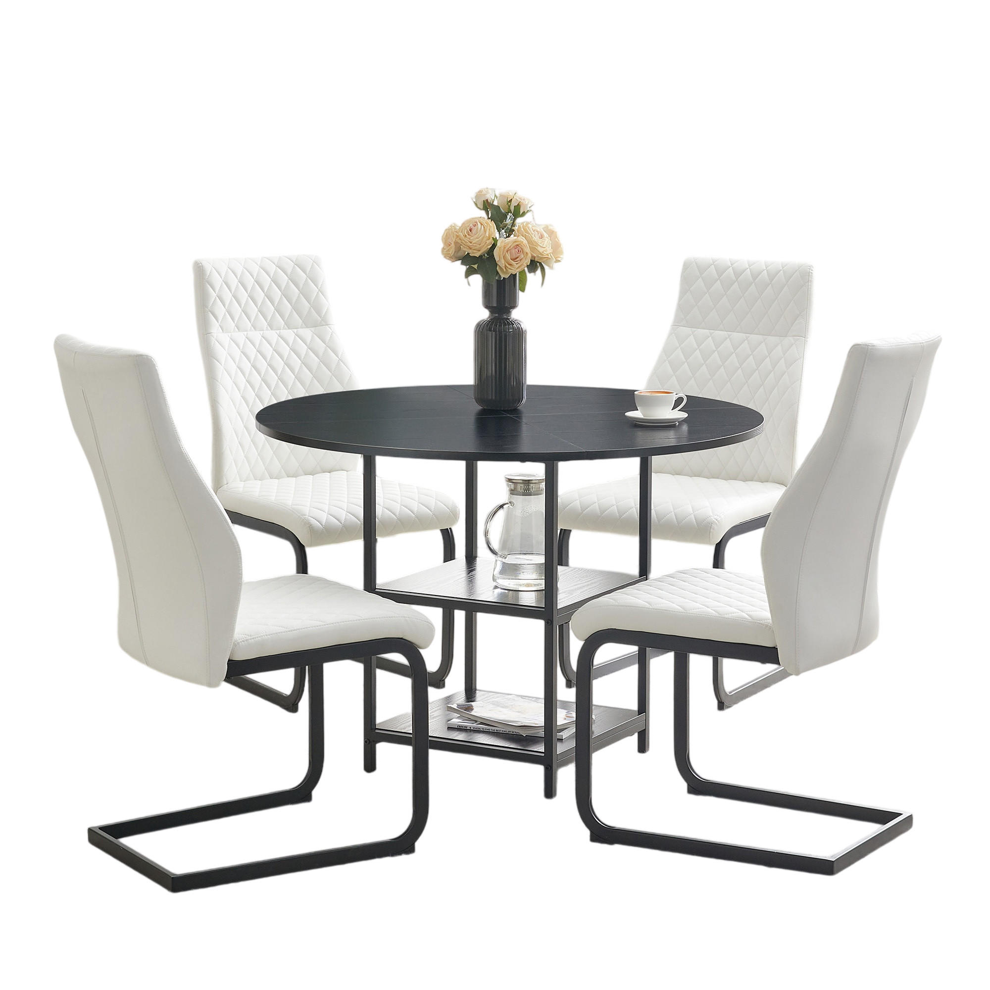 ESSGRUPPE DE-39424 5-teilig, mit doppelter Ablage und 4 Stühlen Schwarz/Weiß - Weiß, Metall (107/75/107cm) - ComfortXL