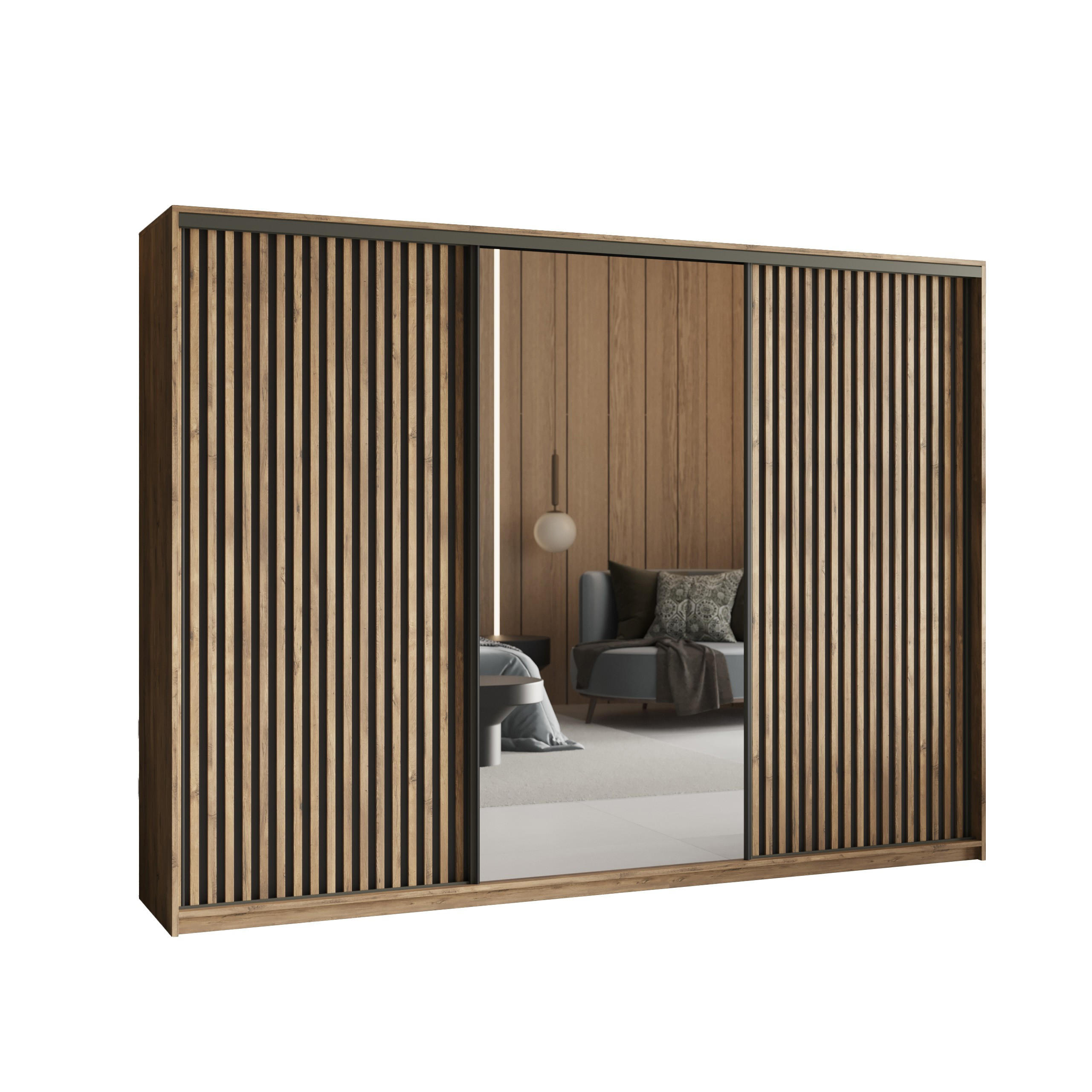 SCHWEBETÜRENSCHRANK ORRA 250/205/60 cm 3-türig mit Spiegel und Lamellen Eiche Lefkas - Eichefarben/Schwarz, Holzwerkstoff (250/205/60cm) - MASSENO