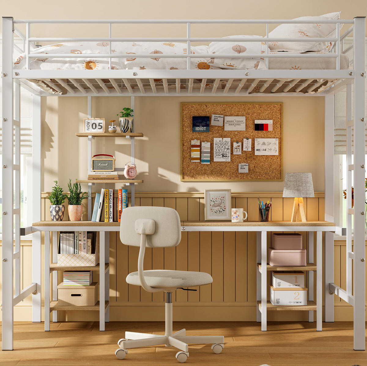 HOCHBETT 90/200 cm aus Metall und MDF mit Schreibtisch und Regalen, Weiß - Weiß, Holzwerkstoff (90/200cm) - Flora Grace