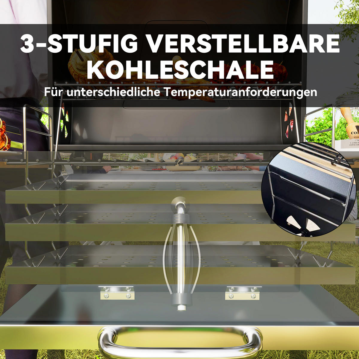 HOLZKOHLEGRILL DE-10325 höhenverstellbare Kohlenpfanne Schwarz - Schwarz, Metall (58/107/112cm) - ComfortXL