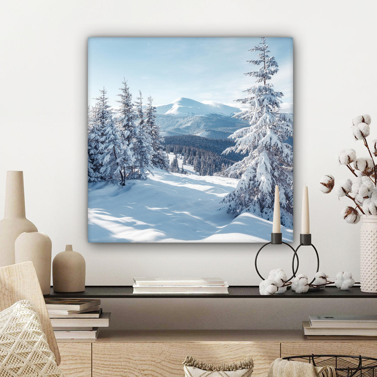 LEINWANDBILD Winterlandschaft - Natur - Berge - Bäume - Schnee 50x50 cm - Hellblau, Textil (50/50cm) - MuchoWow