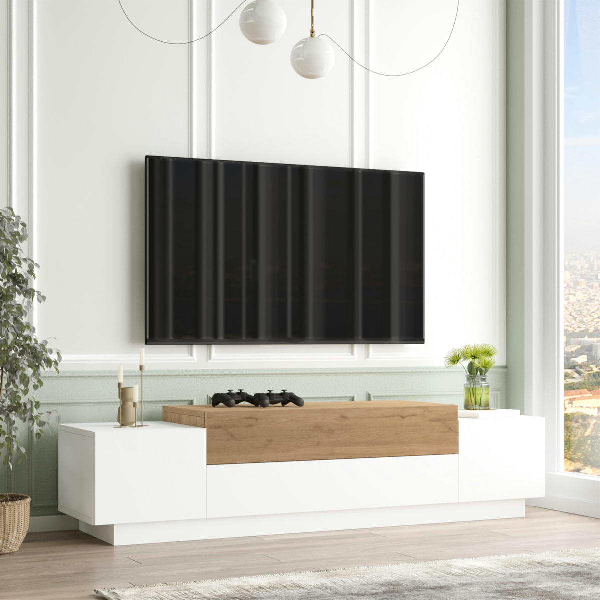 FERNSEHSCHRANK Firås - Eichefarben/Weiß, Holzwerkstoff (37.5/39/160cm) - [en.casa]