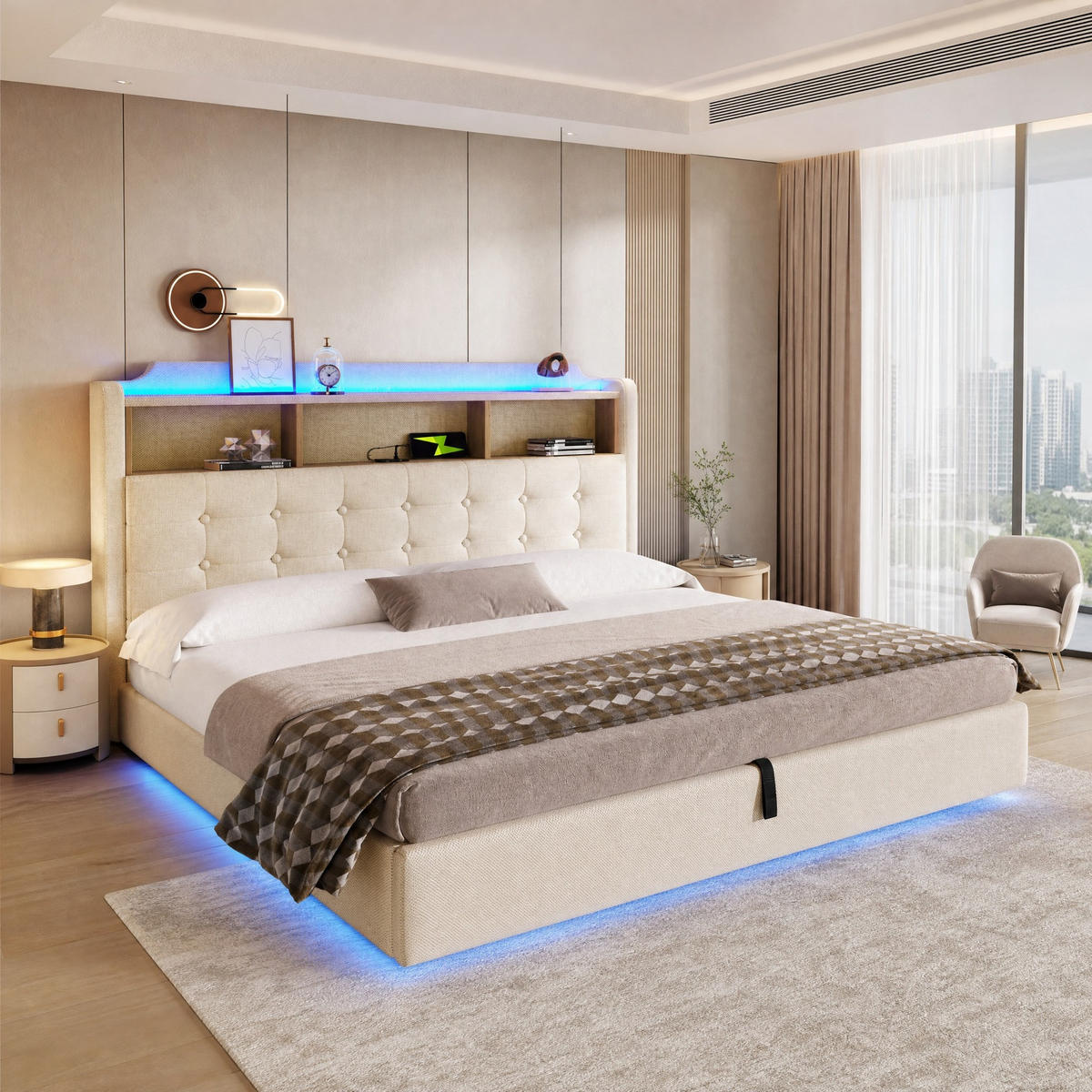 POLSTERBETT 180/200 cm aus Leinen und MDF mit LED und Stauraum, Beige - Beige, Textil (180/200cm) - OKMYHOME