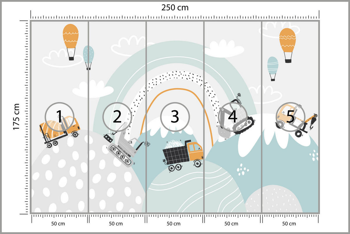 FOTOTAPETE für Kinderzimmer Baumaschinen Regenbogen Hügel Wolken 250x175 - Blau/Schwarz, Papier (250/175cm) - Muralo