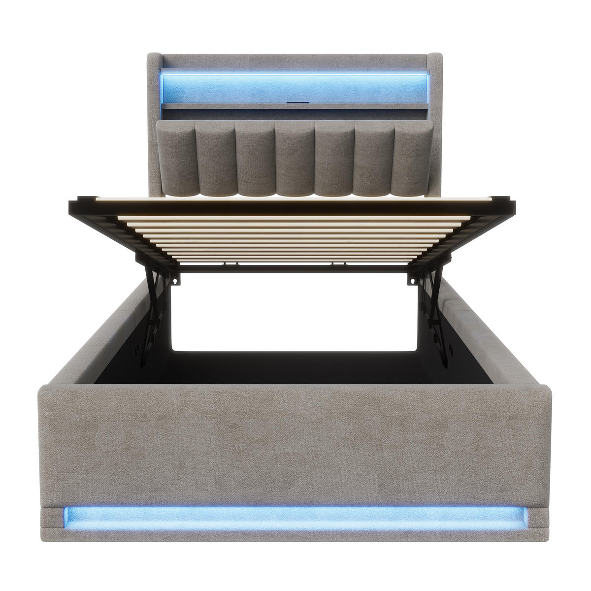 POLSTERBETT 90x200 cm LED Stauraum Lattenrost Kopfteil grau - Grau, Holz (90/200cm) - LEBENLANG