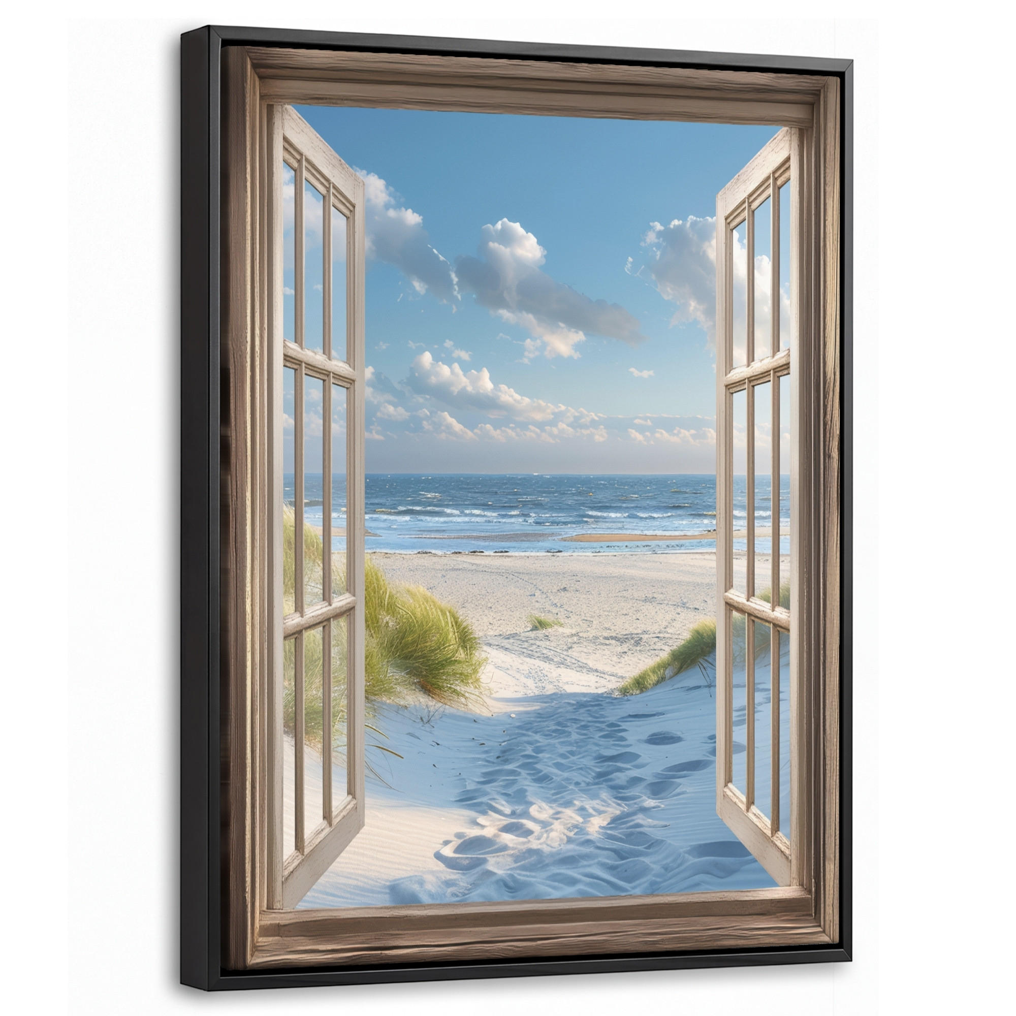 LEINWAND Bilder mit Rahmen - Aussicht - Strand - Fenster - Dünen - Meer - 30x40 - Hellblau, Textil (30/40cm) - MuchoWow