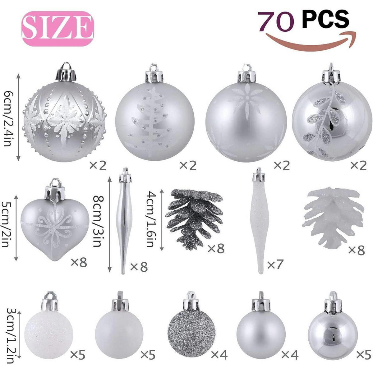 WEIHNACHTSKUGELN 70-teiliges Set Kunststoff Silber Weiß - Silberfarben, Kunststoff (6/6/6cm)