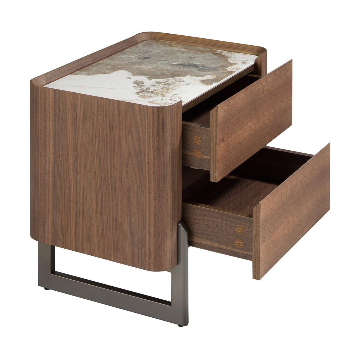 NACHTSCHRANK Nachttisch aus Nussbaum und dunklem metallisiertem Stahl mit Platte aus Porzellanmarmor 60/40/52 cm - Walnussfarben/Weiß, Holz (60/52/40cm) - ANGEL CERDA