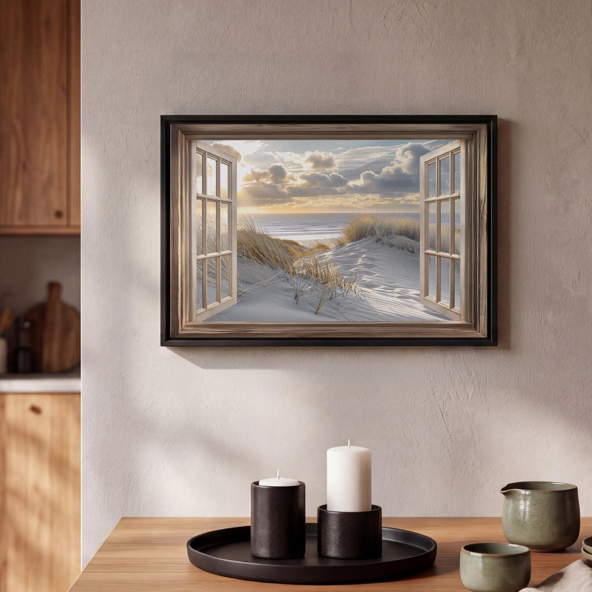 LEINWAND Bilder mit Rahmen - Ausblick - Strand - Dünen - Meer - Natur - 30x20 - Sandfarben, Textil (30/20cm) - MuchoWow