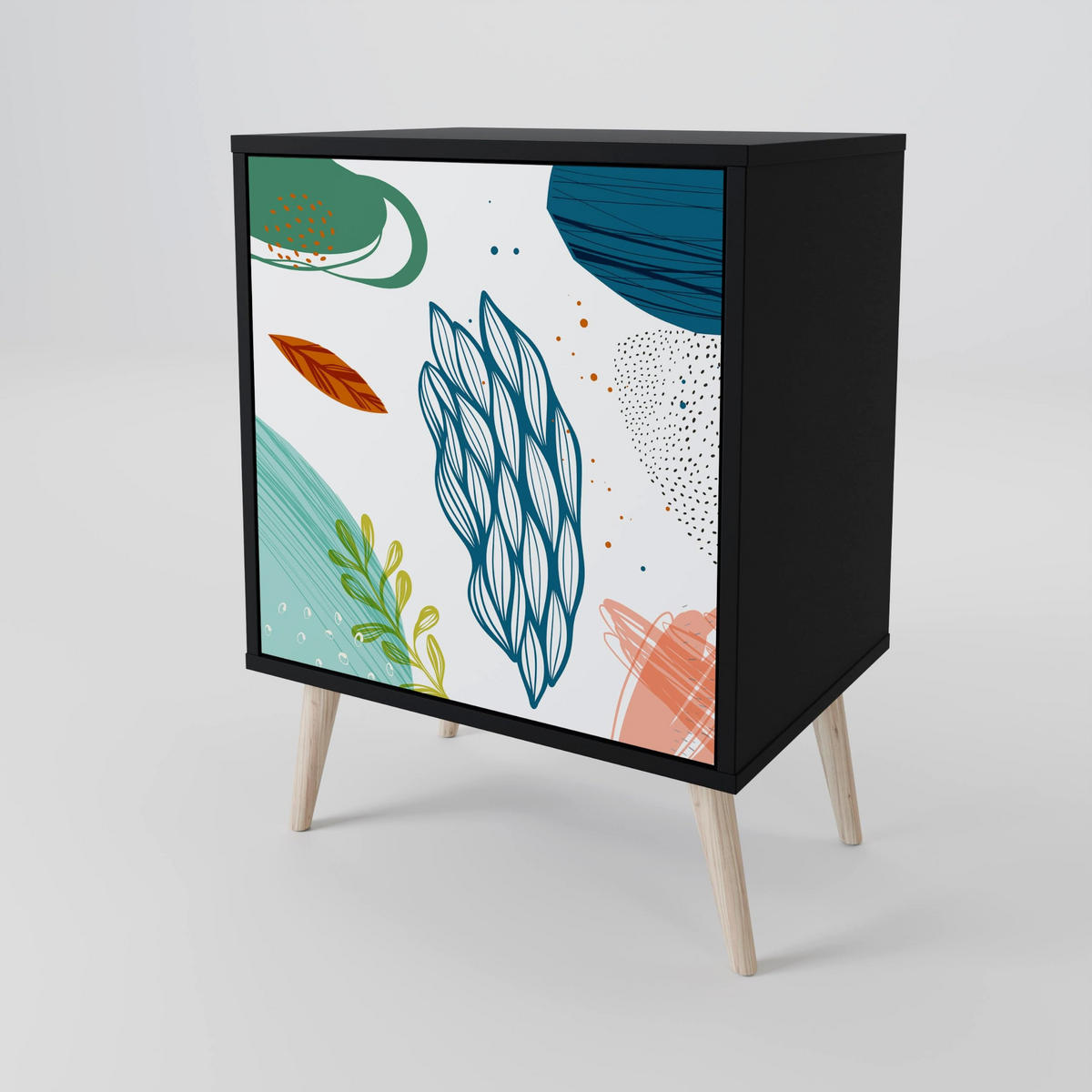 SIDEBOARD BOTANICAL HURRICANE, Schwarz, 57,5x42x67,5 cm, Schwarze Metall-Rahmenfüße - Multicolor/Schwarz, Holzwerkstoff/Metall (57.5/67.5/42cm) - SpaceRebels