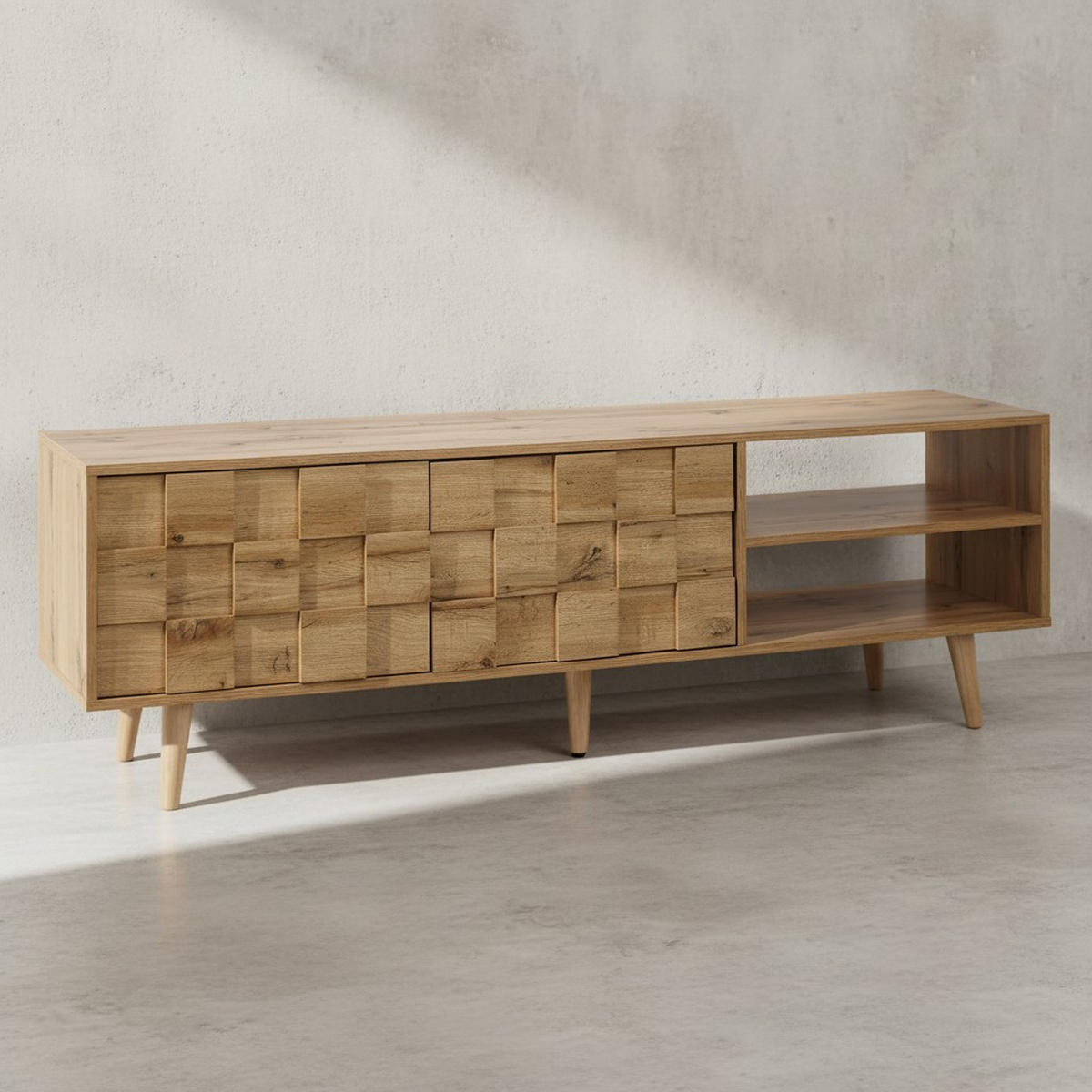 LOWBOARD Eiche-Dekor Modern Stil für 70-Zoll Fernseher - Braun, Eichenholz/Holz (160/51/40cm) - KADIMA DESIGN