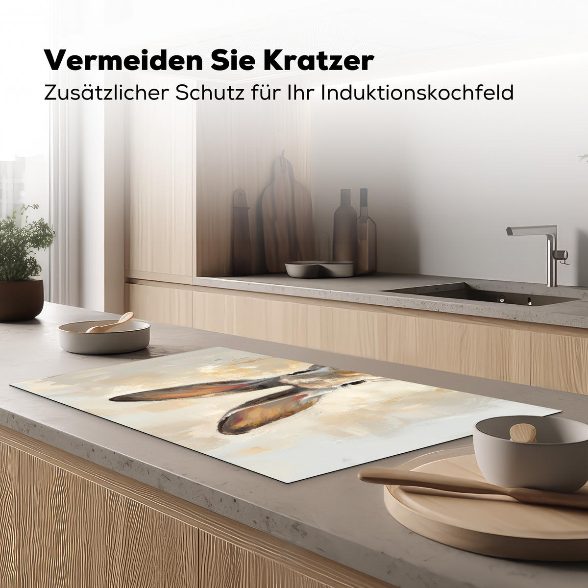 HERDABDECKPLATTE Hase - Ohren - Braun Induktionsschutz 91.2x52 cm - Beige, Kunststoff (91.2/52/0.2cm) - MuchoWow