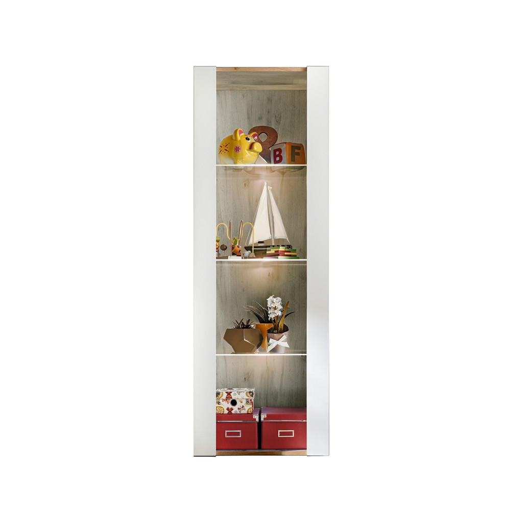 Thumbnail - Komodee Vitrine, Eiche Wotan, Weiß, Glas, Holz Optik, 3 Fächer, Rechteckig, 55x159x35 cm, Wohnzimmer, Wohnwände, Vitrine...