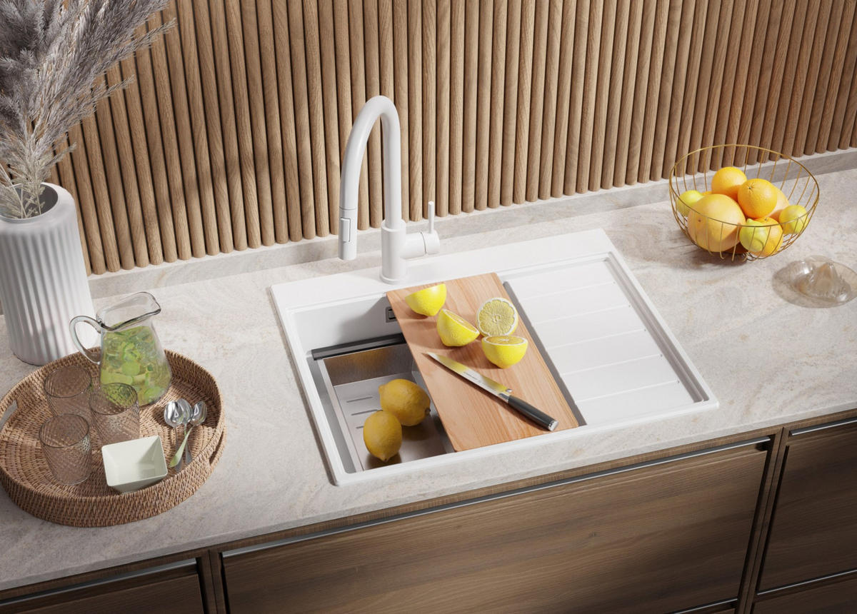 SPÜLBECKEN Sydney, 2-er set Weiß 62/50 cm 1 Becken + Ablauf-Set + Küchenzubehörset ab 45er Unterschrank - Chromfarben/Beige, Kunststoff (62/20/50cm) - Primagran