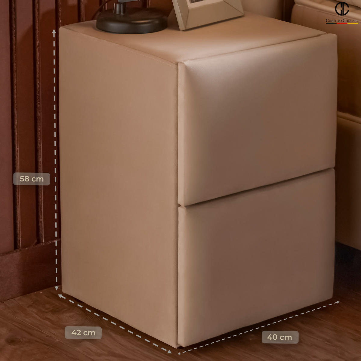 NACHTTISCH SIENA 40/42/58, Beige, zwei Schubladen - Beige/Schwarz, Holz/Kunststoff (40/58/42cm) - Consilio Concept