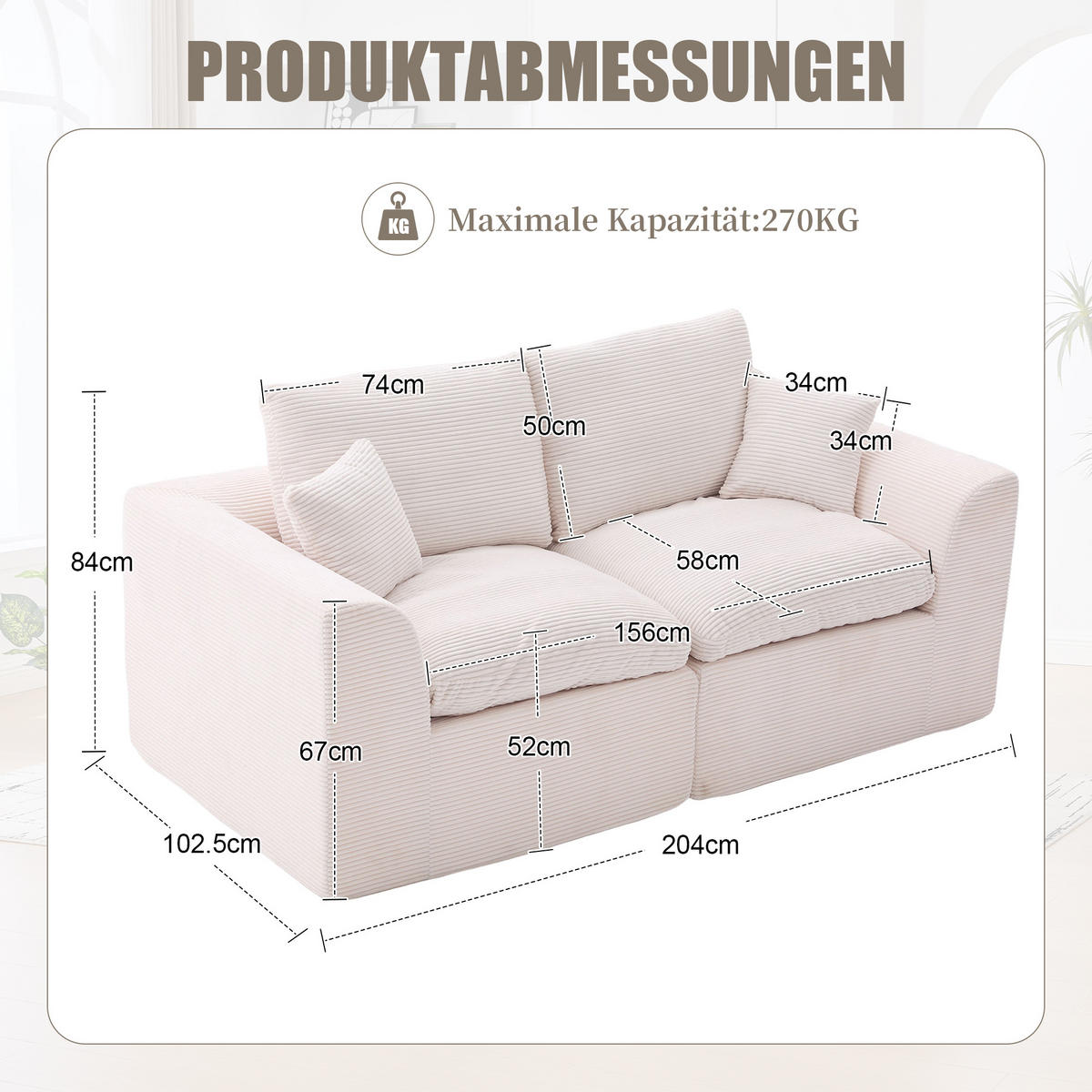 2-SITZER-SOFA XXL aus Cord mit Federkern-Polsterung Montagefrei - Beige, Textil (204/84/102cm) - Urban Meuble