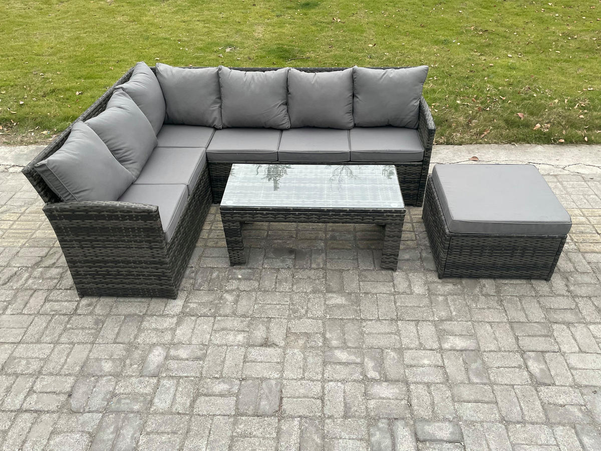 SITZGRUPPE mit Ecksofa,Länglicher Couchtisch Polyrattan 7-Sitzer - Dunkelgrau/Grau, Glas/Kunststoff - Fimous