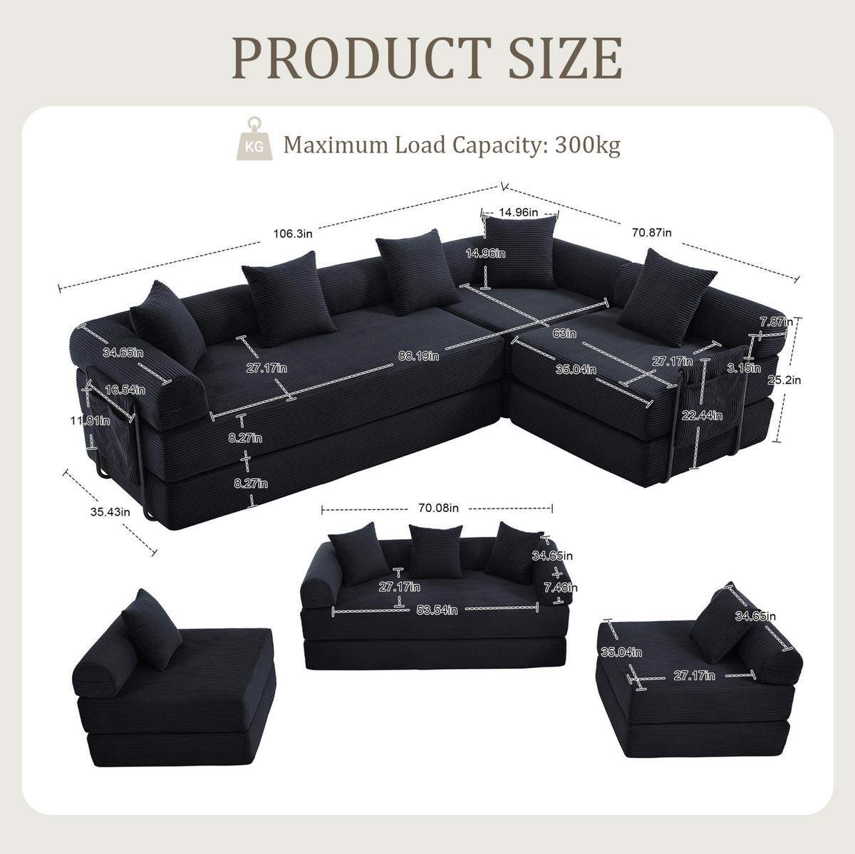 SOFA modular 270 x 180 x 64 cm Corduroy Black - Schwarz, Kunststoff (180/64/270cm) - Meubliv