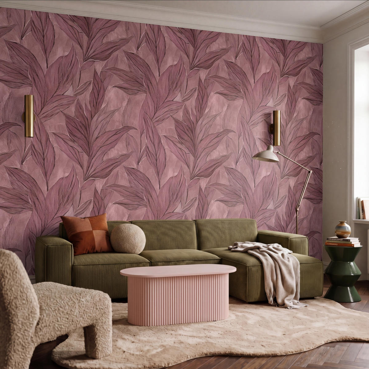TAPETE - Blätter - Muster - Lila - 400x300 cm - Altrosa, Papier (400/300cm) - OnlyWow
