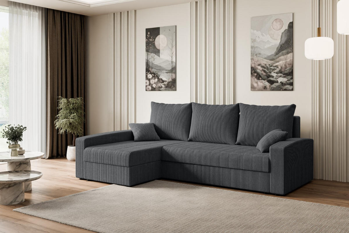 ECKSOFA mit Schlaffunktion und Bettkasten ALESIA-L 231x140x90 cm Grau Cord - Dunkelgrau/Silberfarben, Holzwerkstoff/Kunststoff (231/140cm) - ALTDECOR