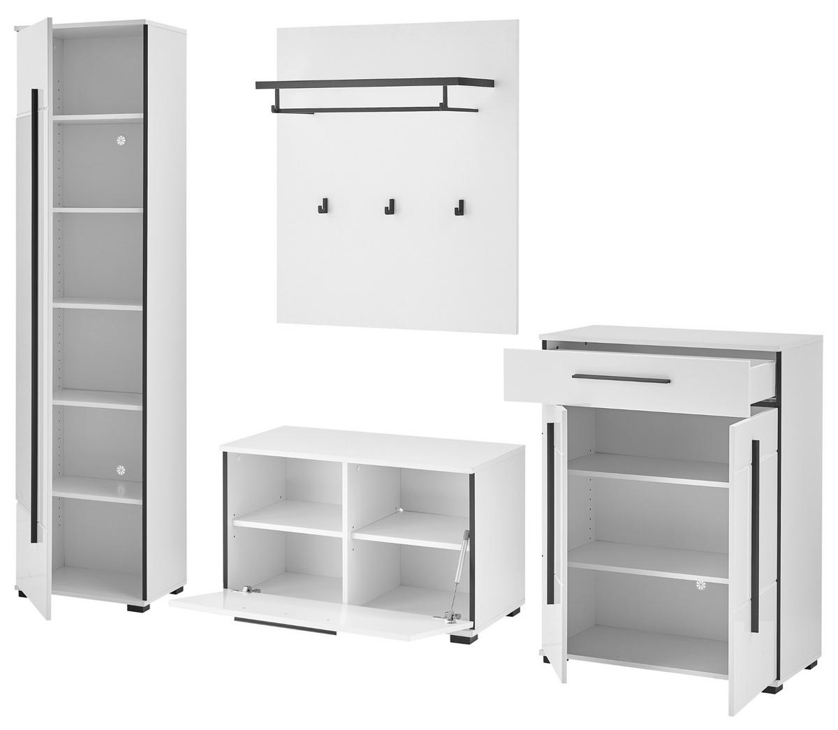 GARDEROBEN-SET weiß Hochglanz 5-teilig 230 cm, Flurgarderobe mit viel Stauraum - Weiß Hochglanz/Dunkelgrau, Glas/Holzwerkstoff (230/230/40cm) - Furn.Design