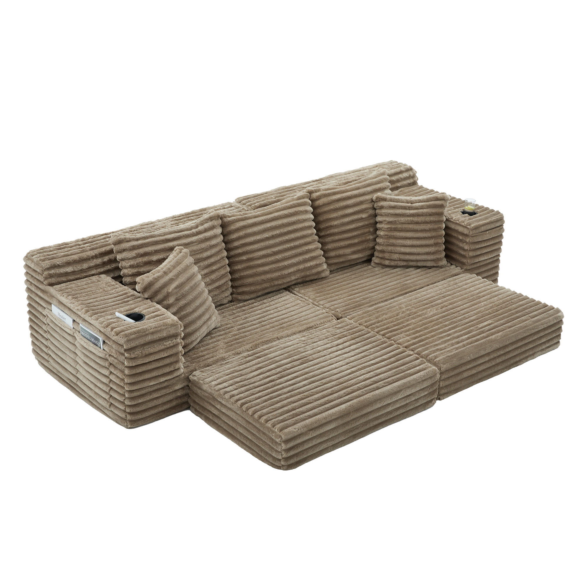 SCHLAFSOFA aus Cord mit Getränkehaltern und Kissen, Khaki - Sandfarben, Textil (107.48/34.25/38.58cm)