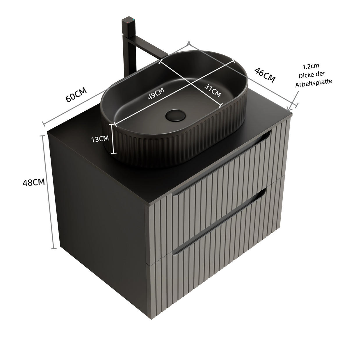 WASCHTISCHKOMBI 60x46x62.2cm Schwarz/Dunkelgrau mit ovalem Keramikbecken & 2 Schubladen - Grau, Keramik (60/62.2/46cm) - Modfu