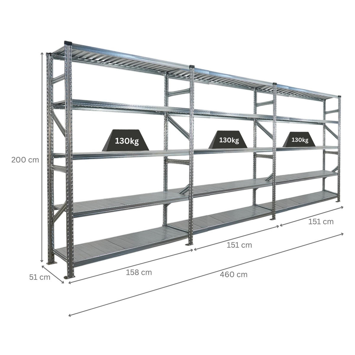 FACHBODENREGAL Proximo 200x450x50cm 5 Ebenen Fachlast 130 kg Beidseitig nutzbar Verzinkt - Silberfarben, Metall (450/200/50cm) - PROREGAL