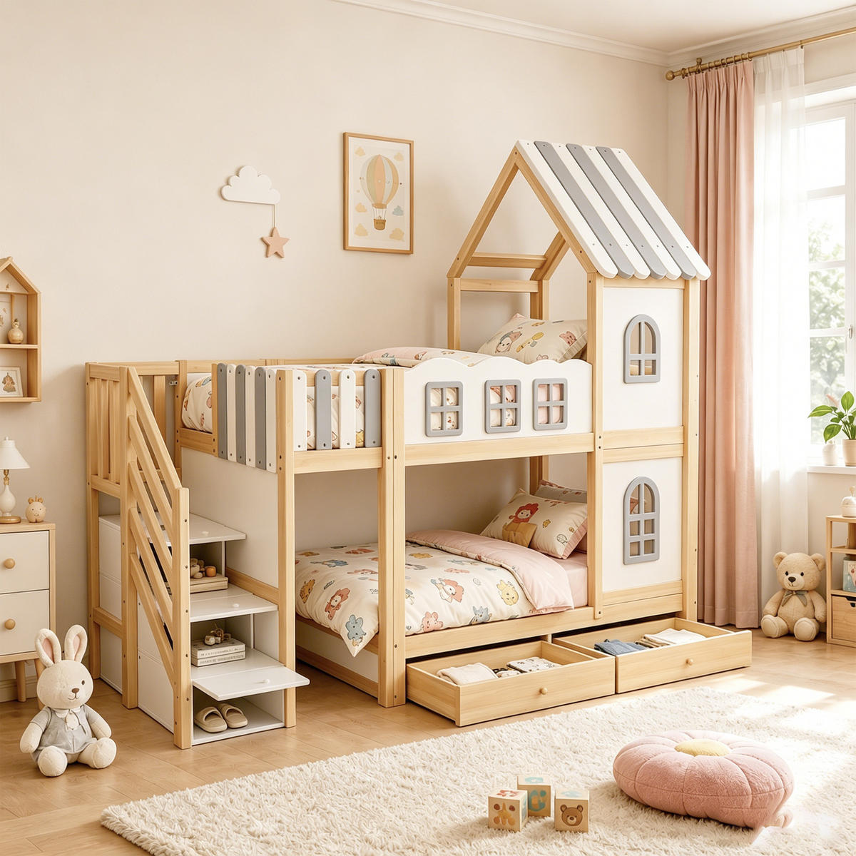 ETAGENBETT 90/200 cm in Weiß/Grau/Holz mit Stauraum, Schubladen und Fenstern - Weiß, Holz/Holzwerkstoff (90/200cm) - WISHDOR