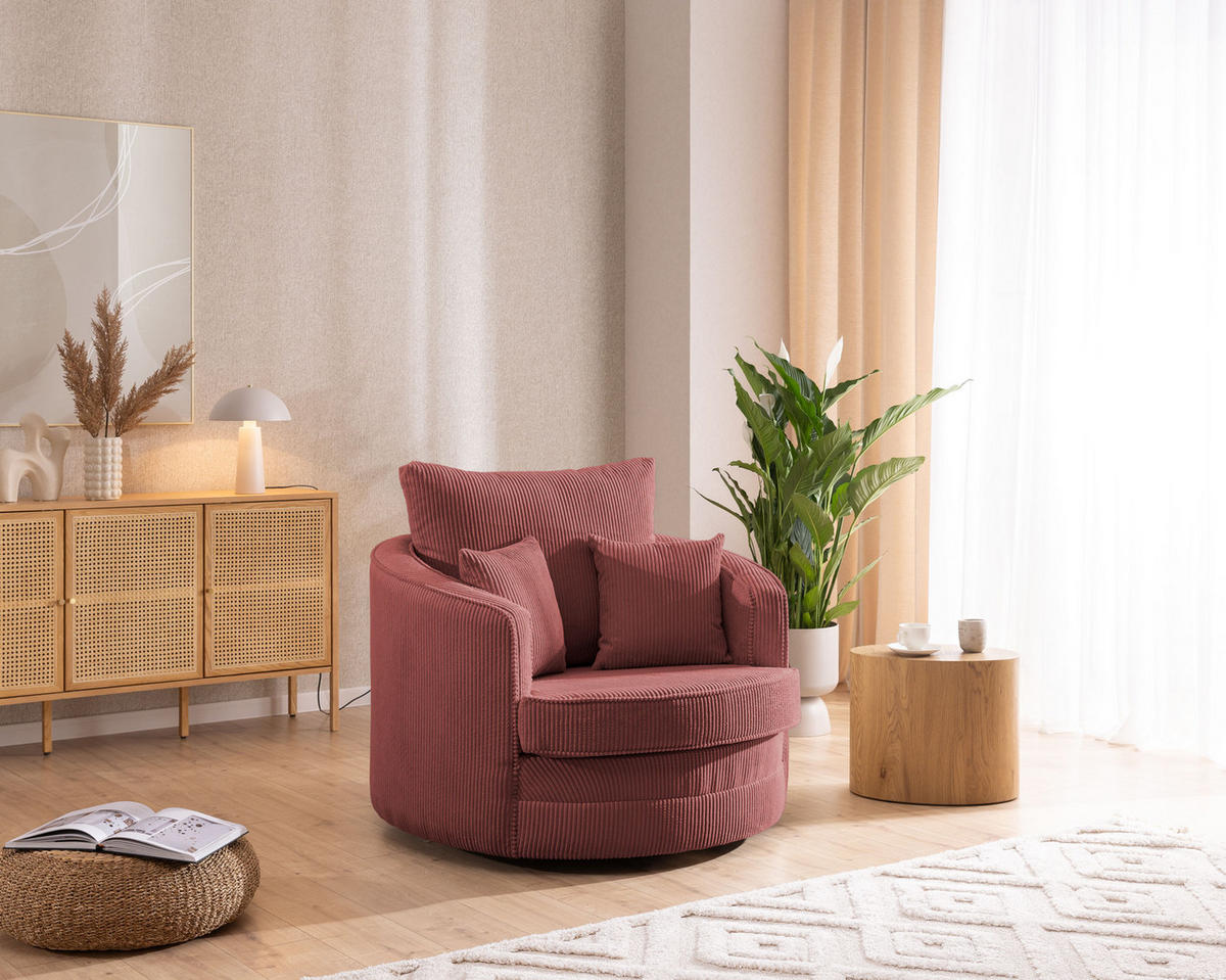 DREHSESSEL Ted aus Terrakotta Cord-Stoff - Terra cotta/Schwarz, Holz/Textil (107/94/100cm) - S-Style Möbel
