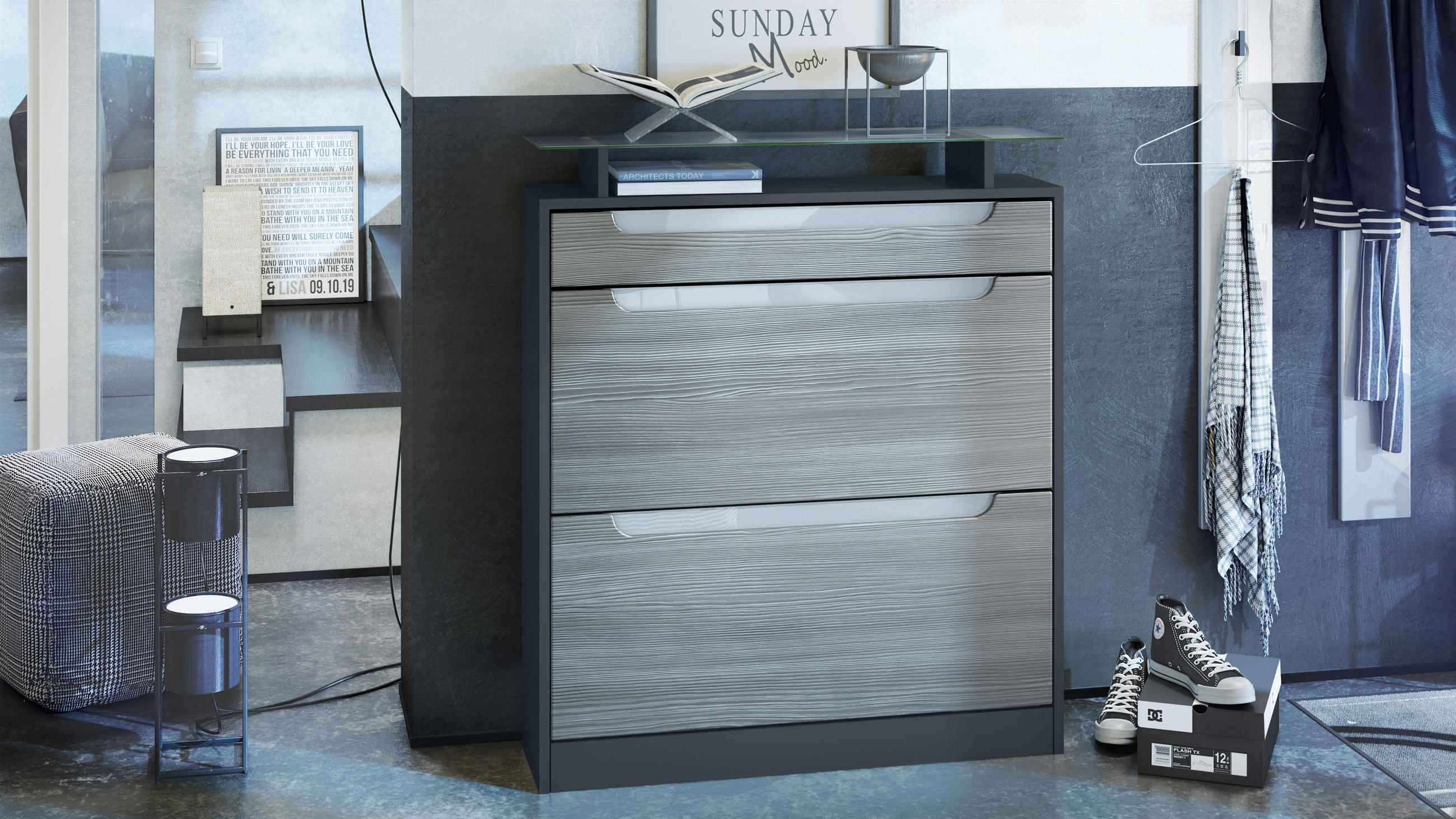 SCHUHSCHRANK Fiesta Fronten in Avola Anthrazit, Griffmulden in Weiß Hochglanz - Anthrazit, Holzwerkstoff (89/104/23cm) - Vladon