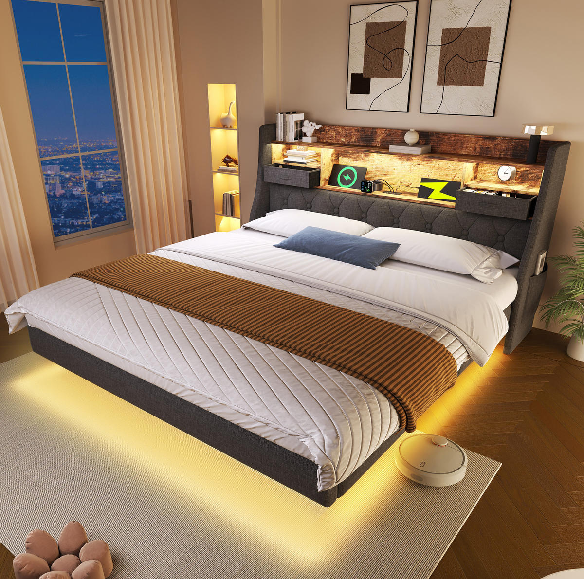 POLSTERBETT aus Leinen 140x200 cm Grau mit LED-Beleuchtung, Ladestation und Stauraum am Kopfteil - Grau, Textil (140/200cm) - IVMEU