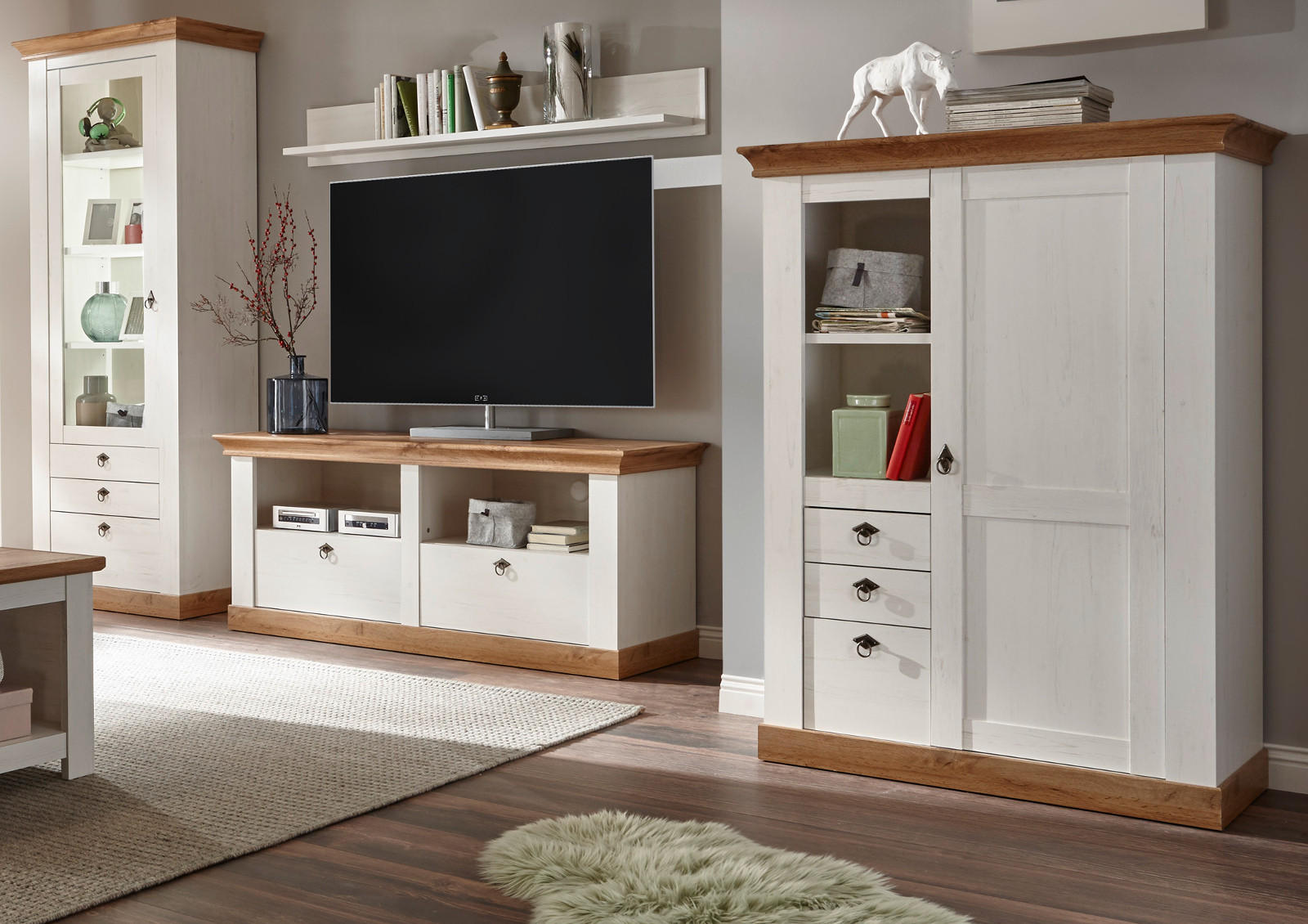 WOHNWAND weiß Pinie, Eiche Wotan 4-teilig 356 cm, Schrankwand im Landhaus-Stil - Silberfarben/Eiche Wotan, Glas/Holzwerkstoff (356/204/52cm) - Furn.Design