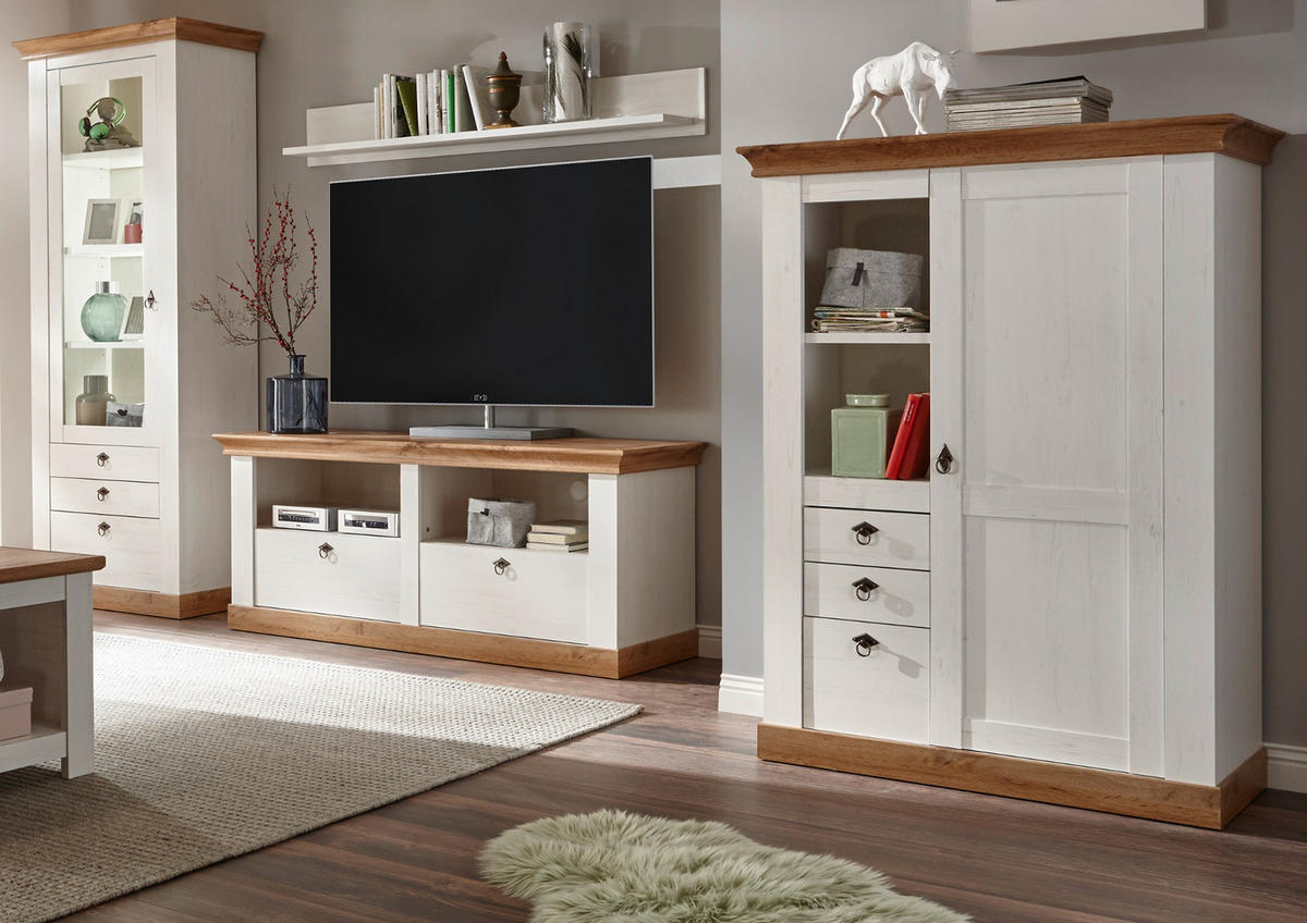 WOHNWAND weiß Pinie, Eiche Wotan 4-teilig 356 cm, Schrankwand im Landhaus-Stil - Silberfarben/Eiche Wotan, Glas/Holzwerkstoff (356/204/52cm) - Furn.Design