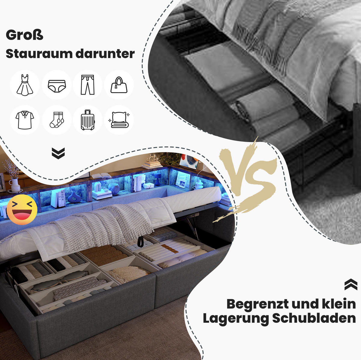 POLSTERBETT 90/200 cm Grau aus Leinen mit Stauraum - Grau, Textil (90/200cm) - OKMYHOME