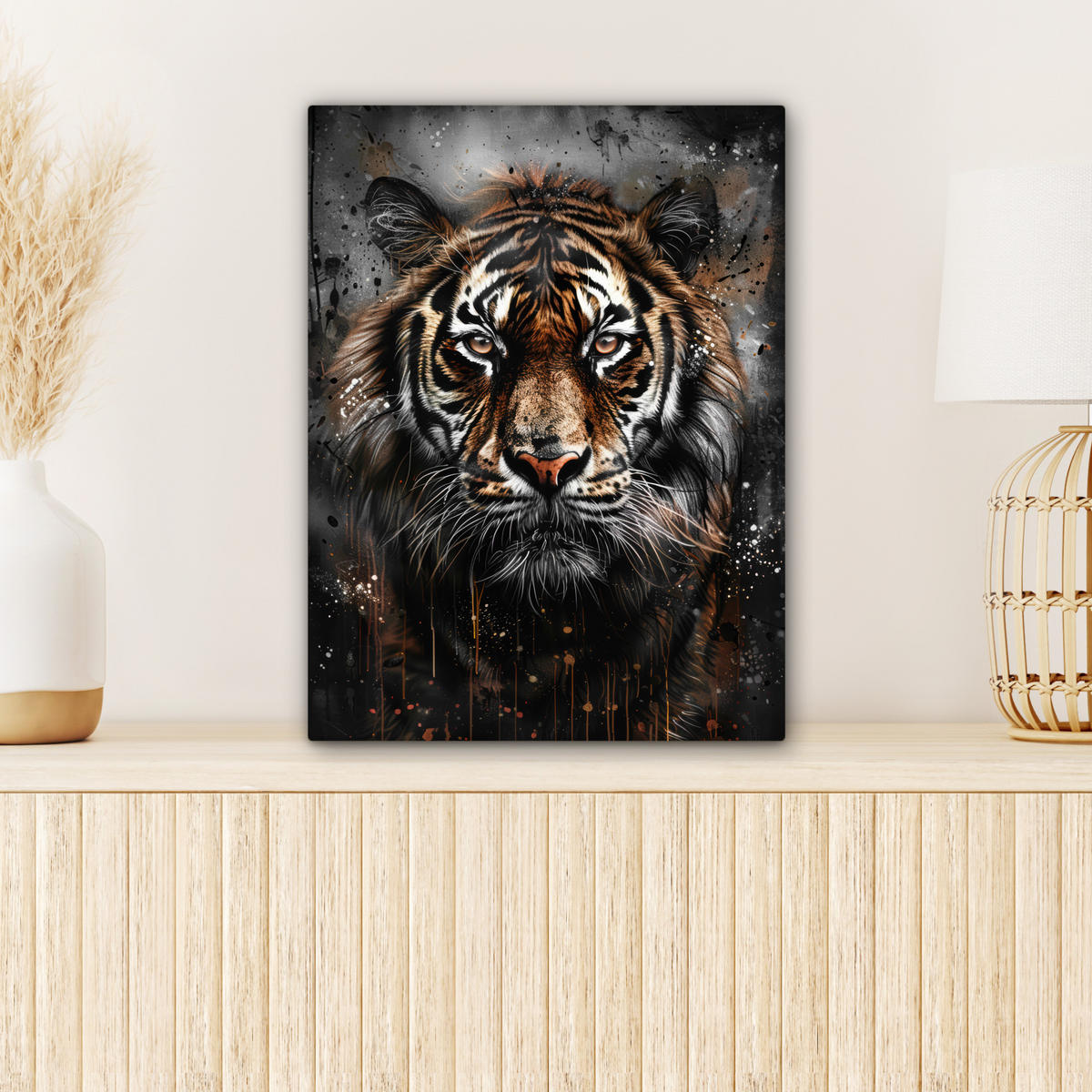 LEINWANDBILD Tiger - Tiere - Porträt - Luxus - Schwarz 30x40 cm - Anthrazit, Textil (30/40cm) - MuchoWow